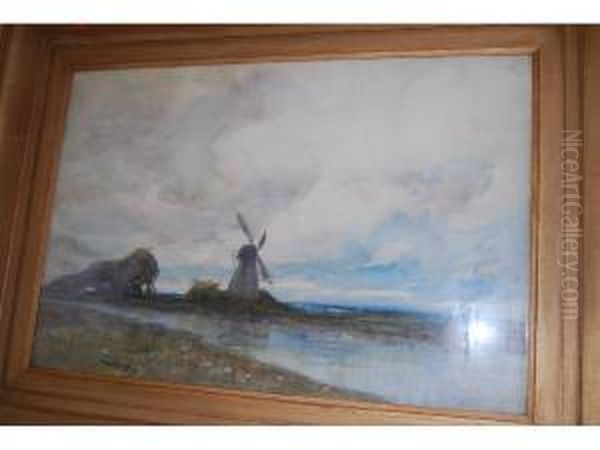 River Scene With A Windmill Oil Painting by Thomas William Morley