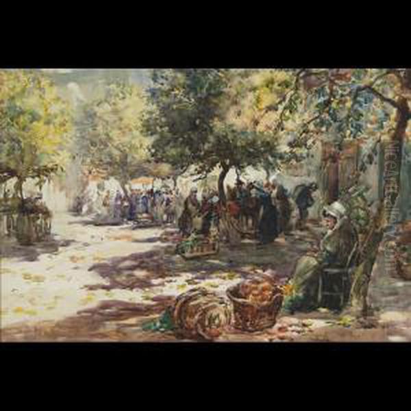 Market Morning. Dole, Brittany Oil Painting by Thomas William Morley