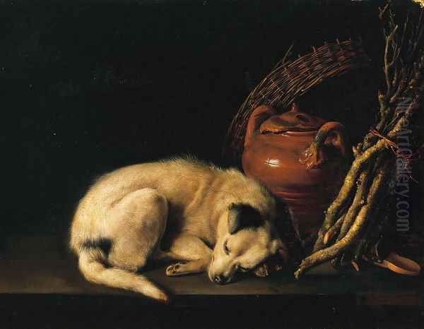 A Sleeping Dog Beside a Terracotta Jug, a Basket, and a Pile of Kindling Wood Oil Painting by Gerrit Dou