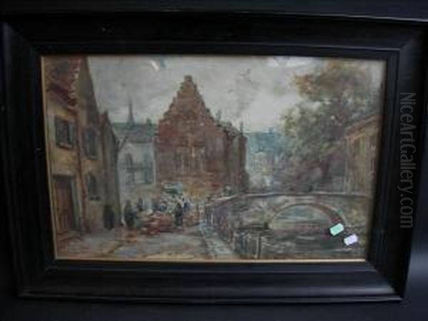 Continental Market Scene Watercolour Signed Lower Left 39cm X 60cm Oil Painting by Thomas William Morley