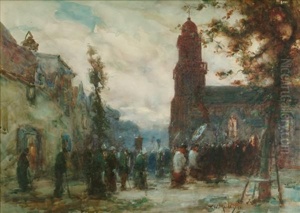 Processionbefore A Church Oil Painting by Thomas William Morley