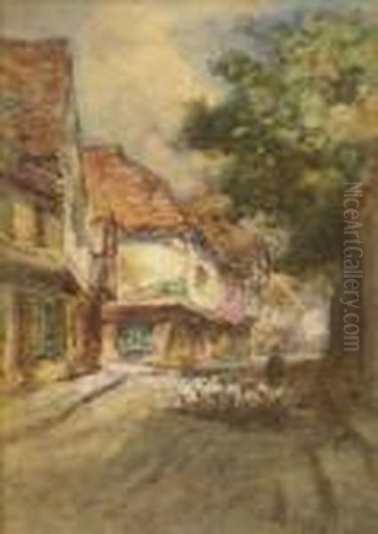 Sheep Andshepherd In A Kentish Street Oil Painting by Thomas William Morley