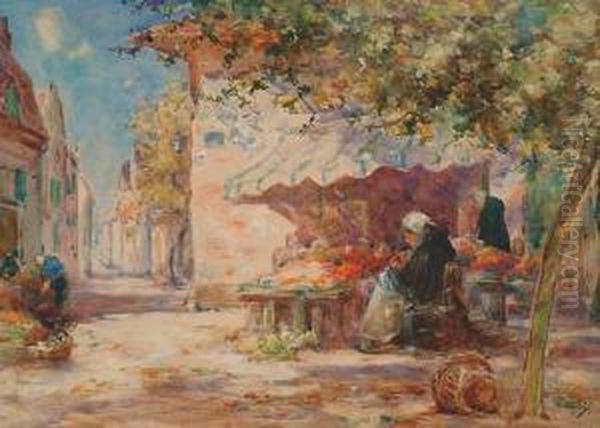 A French Market Stall Under The Shade Of A Tree Oil Painting by Thomas William Morley