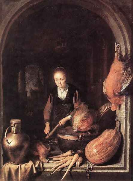 Woman Peeling Carrot Oil Painting by Gerrit Dou