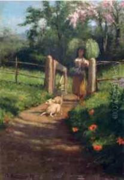 Paesaggio Con Contadinella Oil Painting by Gaetano Mormile