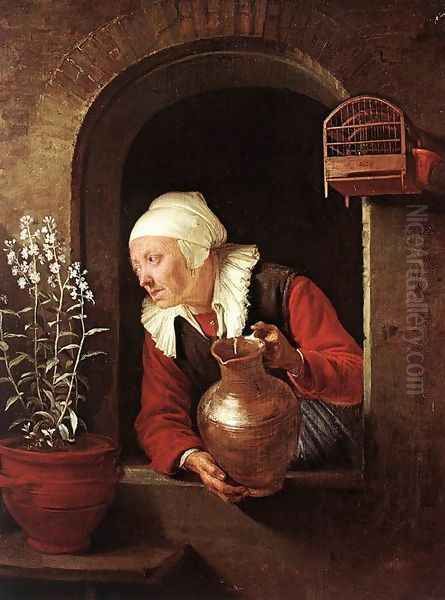 Old Woman Watering Flowers Oil Painting by Gerrit Dou