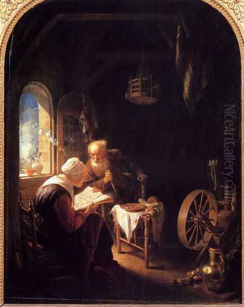 The Bible Lesson Or Anne And Tobias Oil Painting by Gerrit Dou