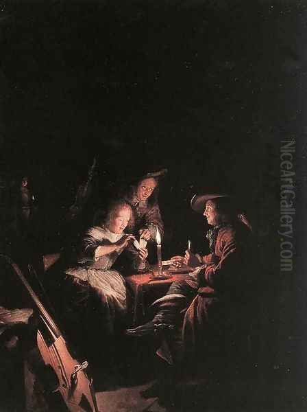 Cardplayers At Candlelight Oil Painting by Gerrit Dou