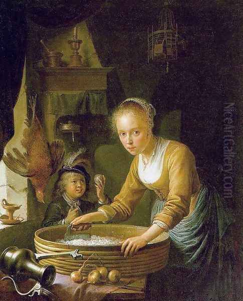 Girl Chopping Onions Oil Painting by Gerrit Dou