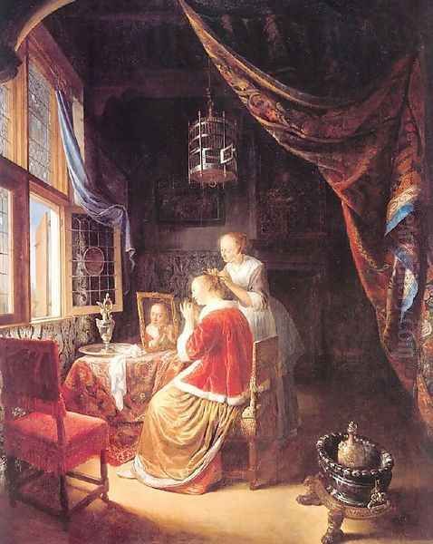 The Lady At Her Dressing Table Oil Painting by Gerrit Dou