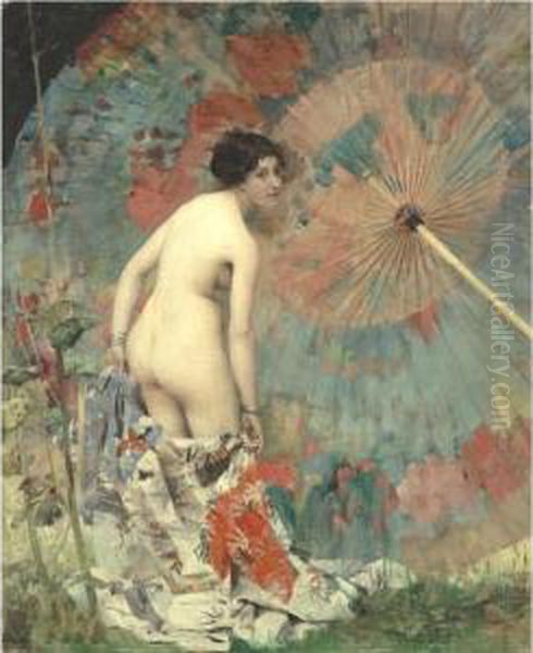 Nude With A Japanese Umbrella Oil Painting by Aime Morot