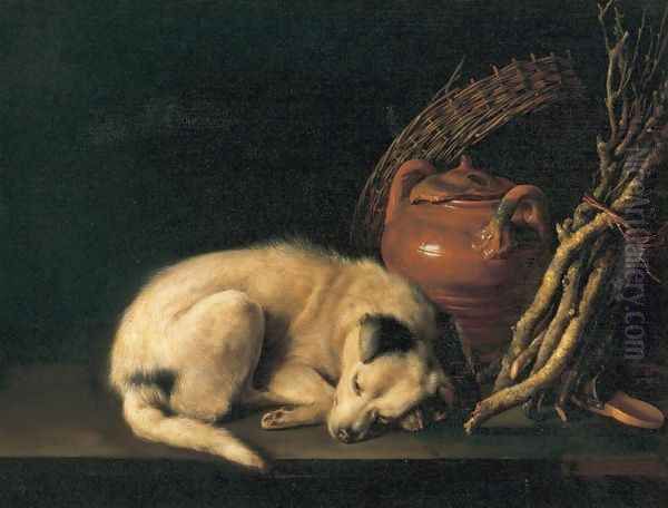 Sleeping Dog With Terracotta Jug Basket And Kindling Wood Oil Painting by Gerrit Dou