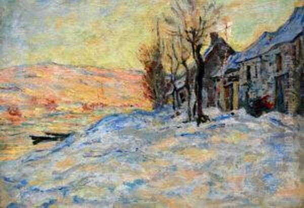 Cottages In The Snow By A Frozen River Shore Oil Painting by James Wilson Morrice