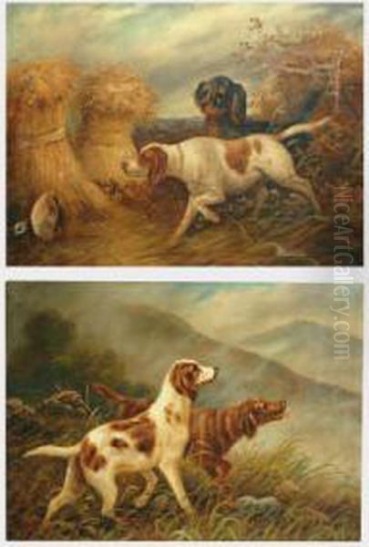 Irish Setter And Red Setter Beside A Loch And Corn Sheafs Oil Painting by Alfred Morris