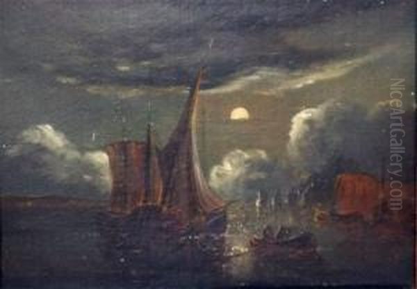 Moonlight Scene With Fishing Smacks At Moorings Oil Painting by Charles Morris