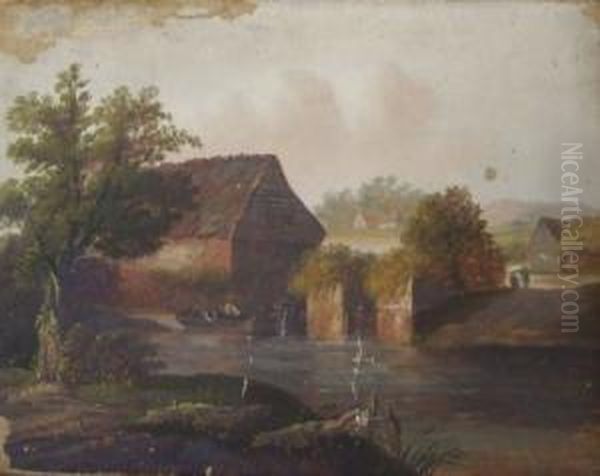 Figures Fishing From A Boat By A Watermill Oil Painting by Charles Morris