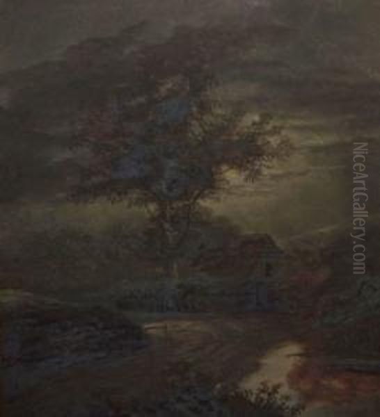 Moonlit Landscape With Cottage Oil Painting by Charles Morris