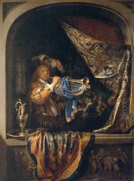 Trumpet-Player in front of a Banquet Oil Painting by Gerrit Dou