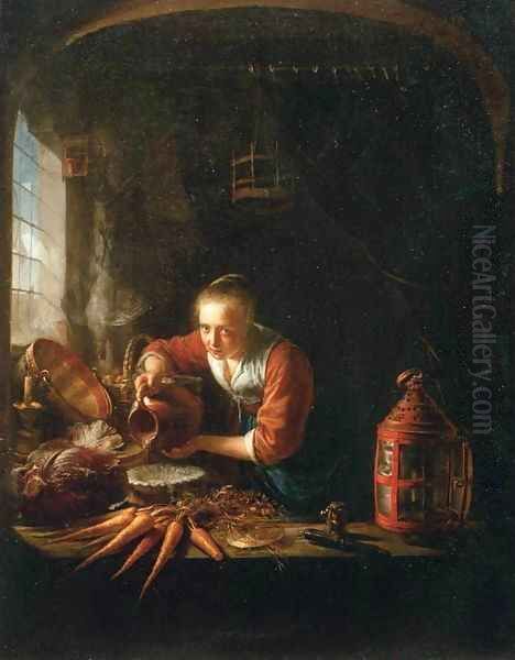 Woman Pouring Water into a Jar Oil Painting by Gerrit Dou