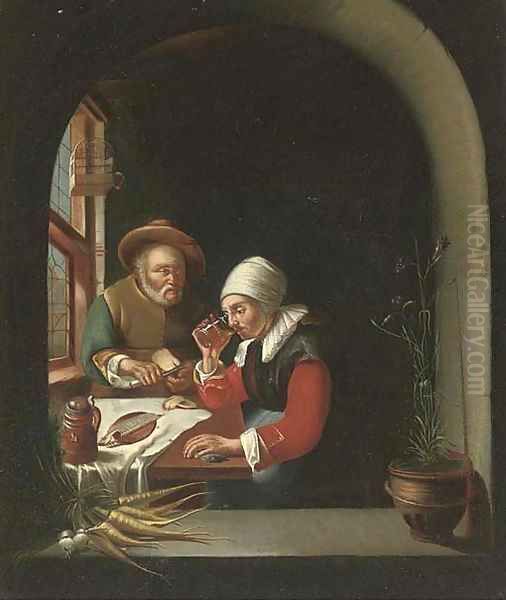 A couple eating and drinking at a casement Oil Painting by Gerrit Dou