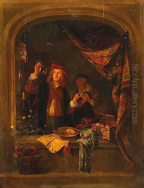 A Quack Standing Small Three Quarter Length At A Draped Stone Window Inspecting The Urine Of A Woman Standing Nearby Oil Painting by Gerrit Dou