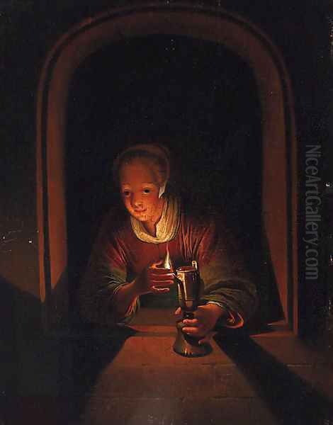 A young woman at a casement with a lamp Oil Painting by Gerrit Dou