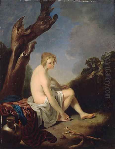 A nymph seated at the foot of a tree, in a landscape Oil Painting by Gerrit Dou