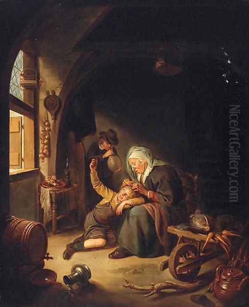 A woman de-lousing a boy in an interior Oil Painting by Gerrit Dou