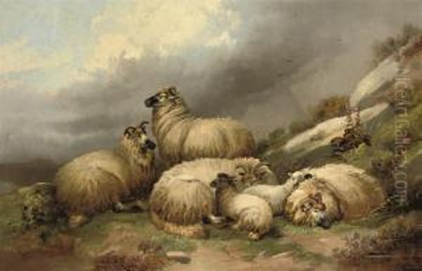 Sheep Grazing In A Landscape Oil Painting by John Morris