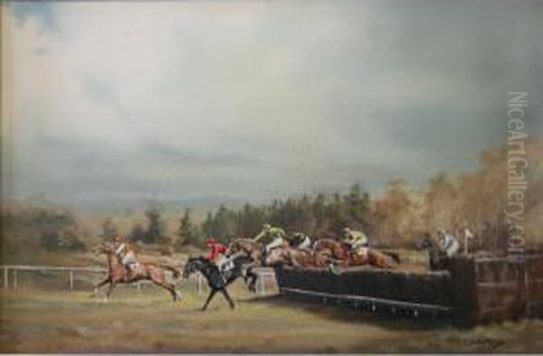 Steeplechasers Jumping Hedgeat Tweezledown Racecourse Oil Painting by John Morris