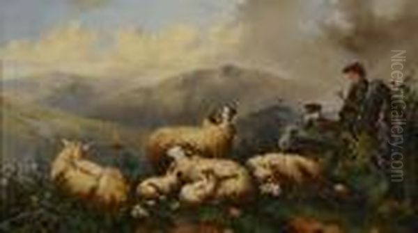 Shepherd With Highland Sheep Oil Painting by John Morris