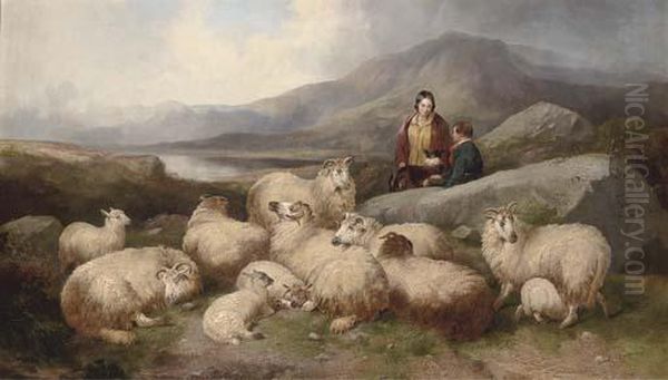 A Shepherd With His Flock In A Highland Landscape Oil Painting by John Morris