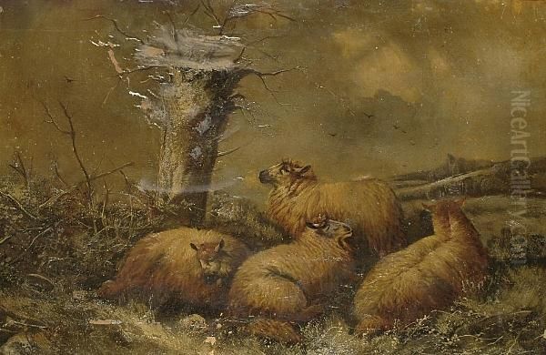 Sheep In A Winter Landscape Oil Painting by John Morris