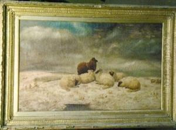 Sheep In A Winter Landscape Oil Painting by John Morris