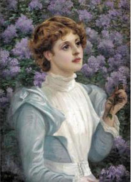 Lady Beside A Lilac Bush Oil Painting by Phillip Richard Morris