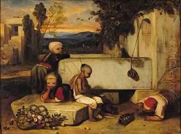 Turkish Children Playing with a Tortoise Oil Painting by Alexandre Gabriel Decamps