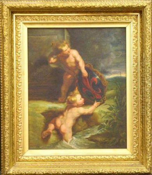 Putti With Shield, After Rubens Oil Painting by William Bright Morris