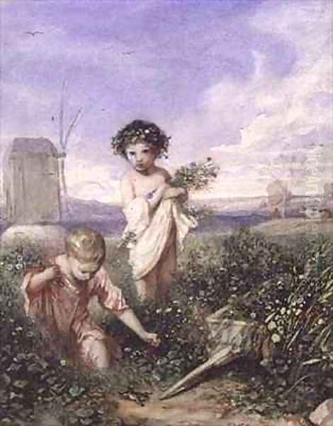 Children Gathering Flowers Oil Painting by Alexandre Gabriel Decamps