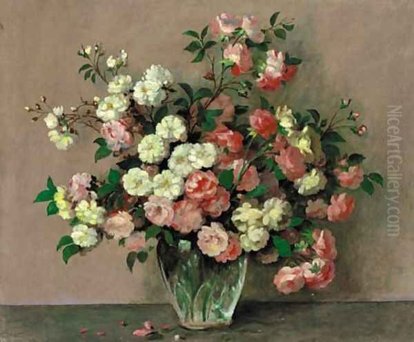 Pink And White Roses In A Vase On A Table Oil Painting by Alexandre Gabriel Decamps