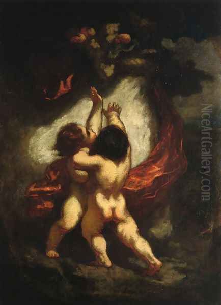 Two Cupids with Red Drapery Oil Painting by Honore Daumier