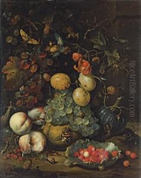 Figs, Plums, Grapes, Peaches, 
Redcurrants And A Pumpkin, With A Lettuce Leaf Filled With Wild 
Strawberries, A Newt, A Butterfly, Ants And Snails On A Ledge Oil Painting by Jan Mortel