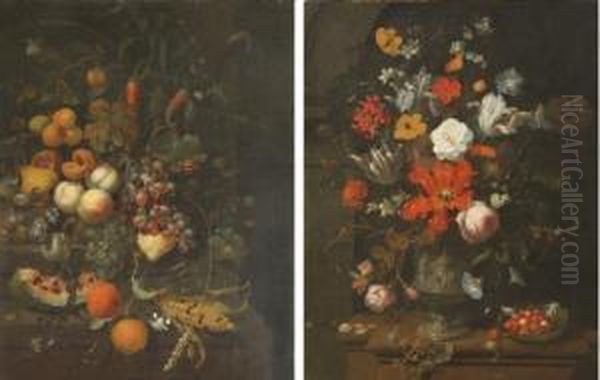 Tulips, Roses, Carnations, 
Lilies And Other Flowers In A Sculpted Vase Depicting Venus And Cupid, 
Strawberries In A Cabage Leaf, Other Berries And A Snail, All On A Stone
 Ledge; And Oranges, A Watermelon, Plums, Peaches, A Pear, A 
Pomegranate, Pep Oil Painting by Jan Mortel