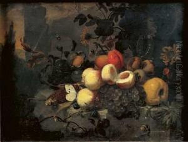 Nature Morte De Fruits Et Fleurs Sur Un Entablement Oil Painting by Jan Mortel