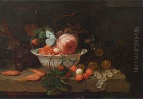 A Stil Life With A Porcelain 
Bowl With Strawberries, A Rose And A Butterfly, A Wineglass, Grapes, 
Prawns, Gooseberries, All On A Stone Ledge Oil Painting by Jan Mortel