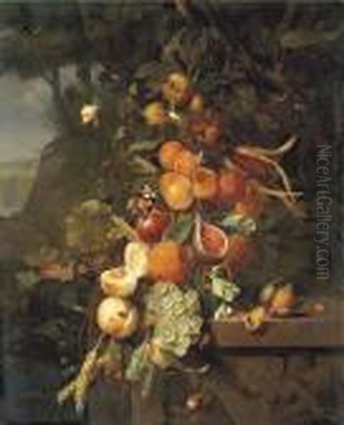 Peaches, Apricots, Grapes, 
Oranges, Blackberries, Sheafs Of Corn And A Pomegranate On A Plinth With
 A Sculpted Relief, With Butterflies, A Snail And A Ladybird, In A 
Mountainous Landscape Oil Painting by Jan Mortel