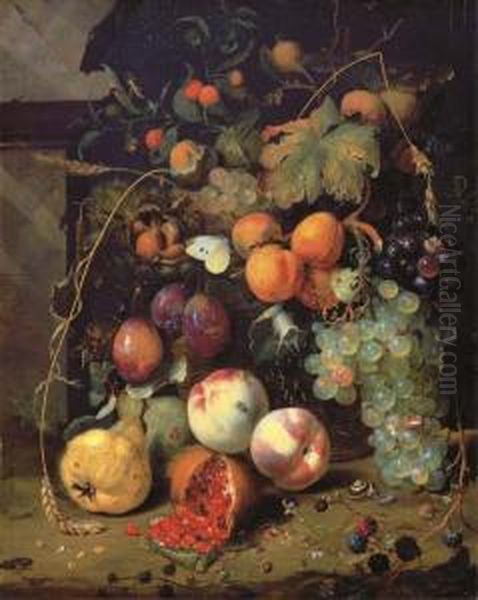 Peaches, Plums, Apricots, 
Grapes, Pears, Blackberries, Sheafs Ofcorn, Chestnuts, Walnuts, Medlars,
 Cherries And A Pomegranate Witha Snail, A Butterfly, A Grasshopper And A
 Caterpillar By Aplinth Oil Painting by Jan Mortel