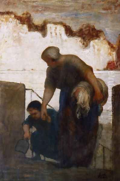 Laundress on the Quai d'Anjou c. 1860 Oil Painting by Honore Daumier