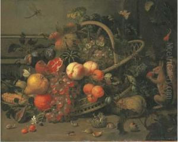 Apricots, Peaches, Plums, A 
Pomegranate, A Watermelon, An Orange, A Pear And Corn In A Basket, With 
Cherries, Chestnuts, Snails, A Bee, A Squirrel And A Dragonfly Oil Painting by Jan Mortel