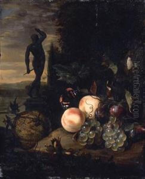 Peaches, Grapes, Plums And A 
Melon With A Red Admiral And A Moth Bya Tree Trunk, A Statue In A Formal
 Garden Beyond Oil Painting by Jan Mortel