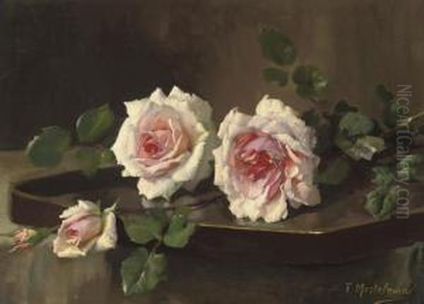 Two Pink Prince-de-bulgarie Roses Oil Painting by Frans Mortelmans